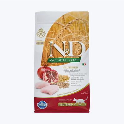 N&D Ancestral Grain Neutered Düşük Tahıllı Tavuklu ve Narlı Kısırlaştırılmış Kedi Maması