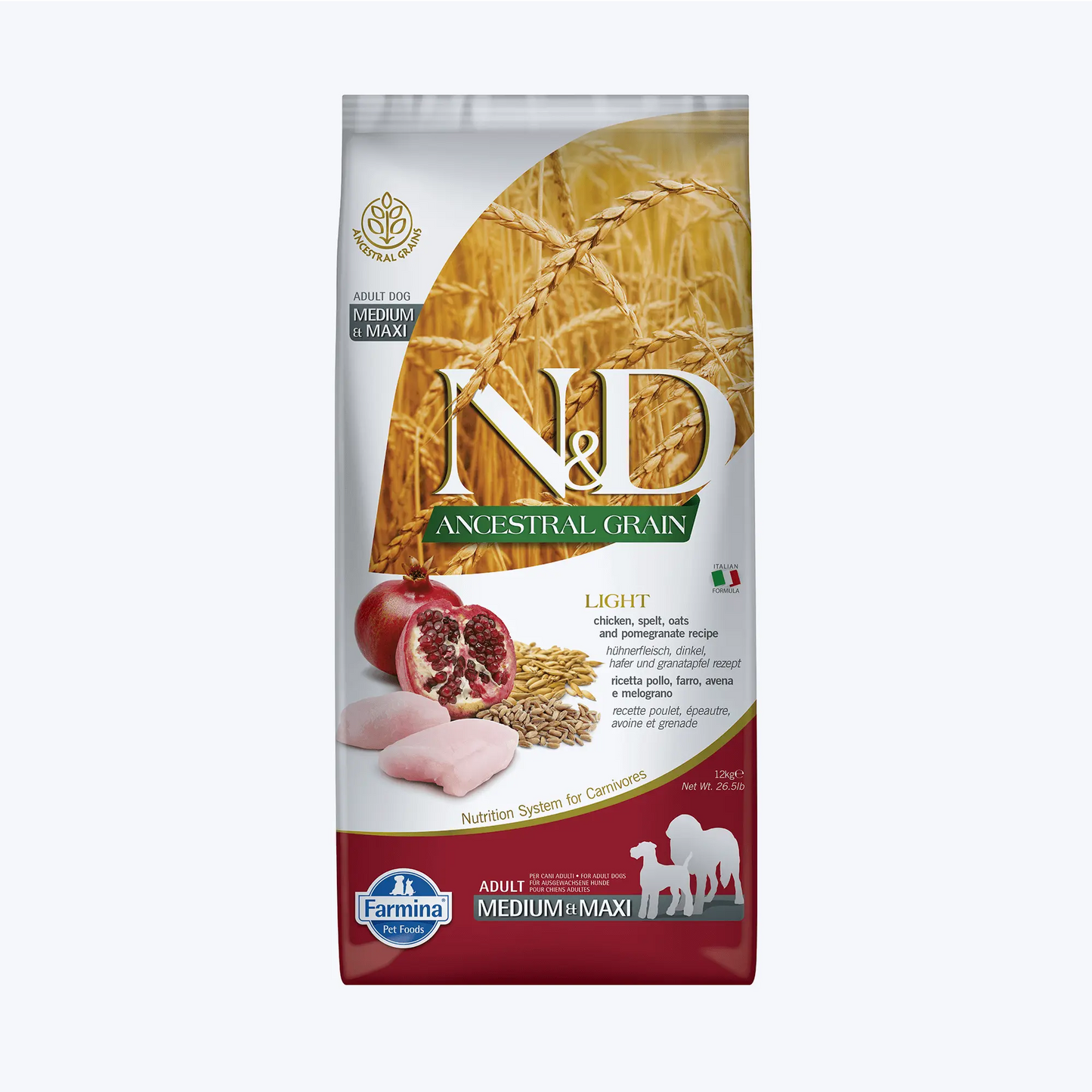 N&D Ancestral Grain Adult Düşük Tahıllı Tavuklu ve Narlı Orta ve Büyük Irk Light Yetişkin Köpek Maması 12 Kg