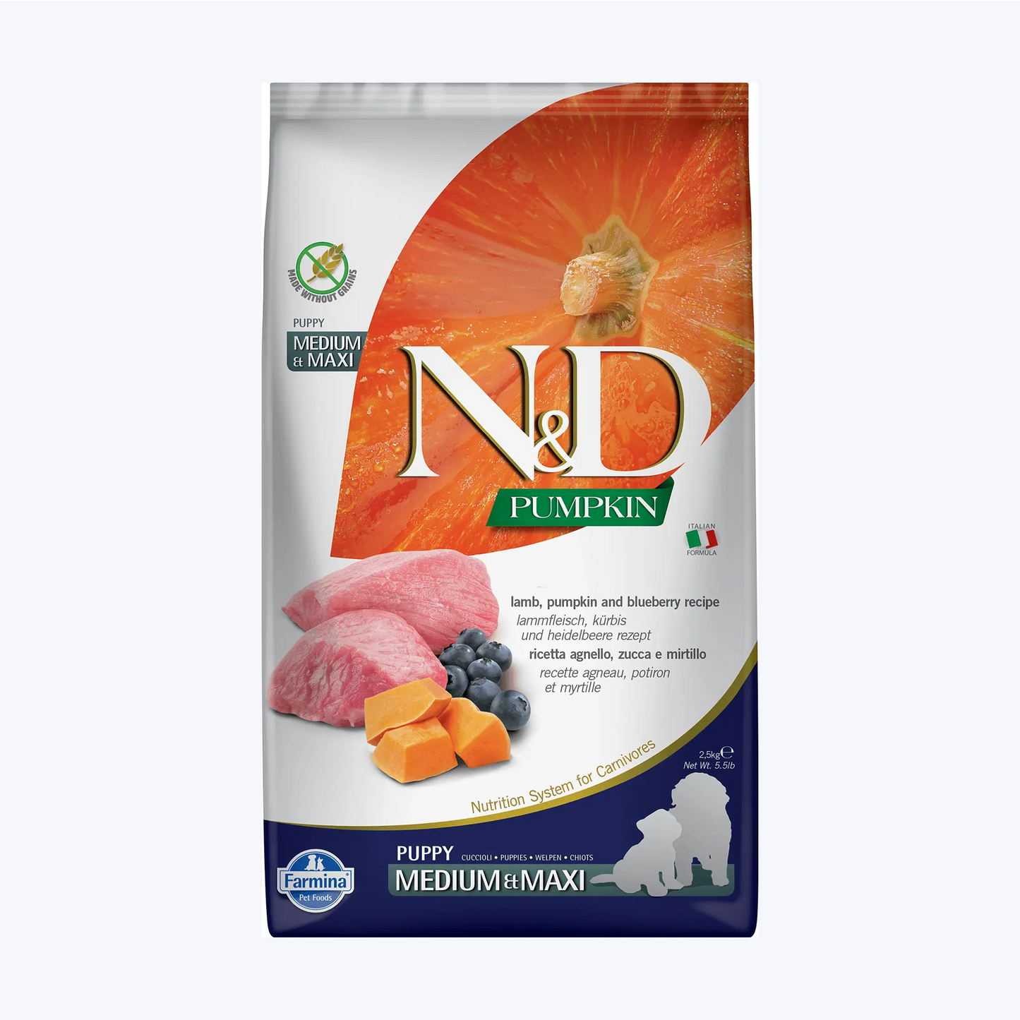 N&D Pumpkin Bal Kabaklı Kuzulu ve Yaban Mersinli Orta ve Büyük Irk Tahılsız Yavru Köpek Maması 2,5 Kg