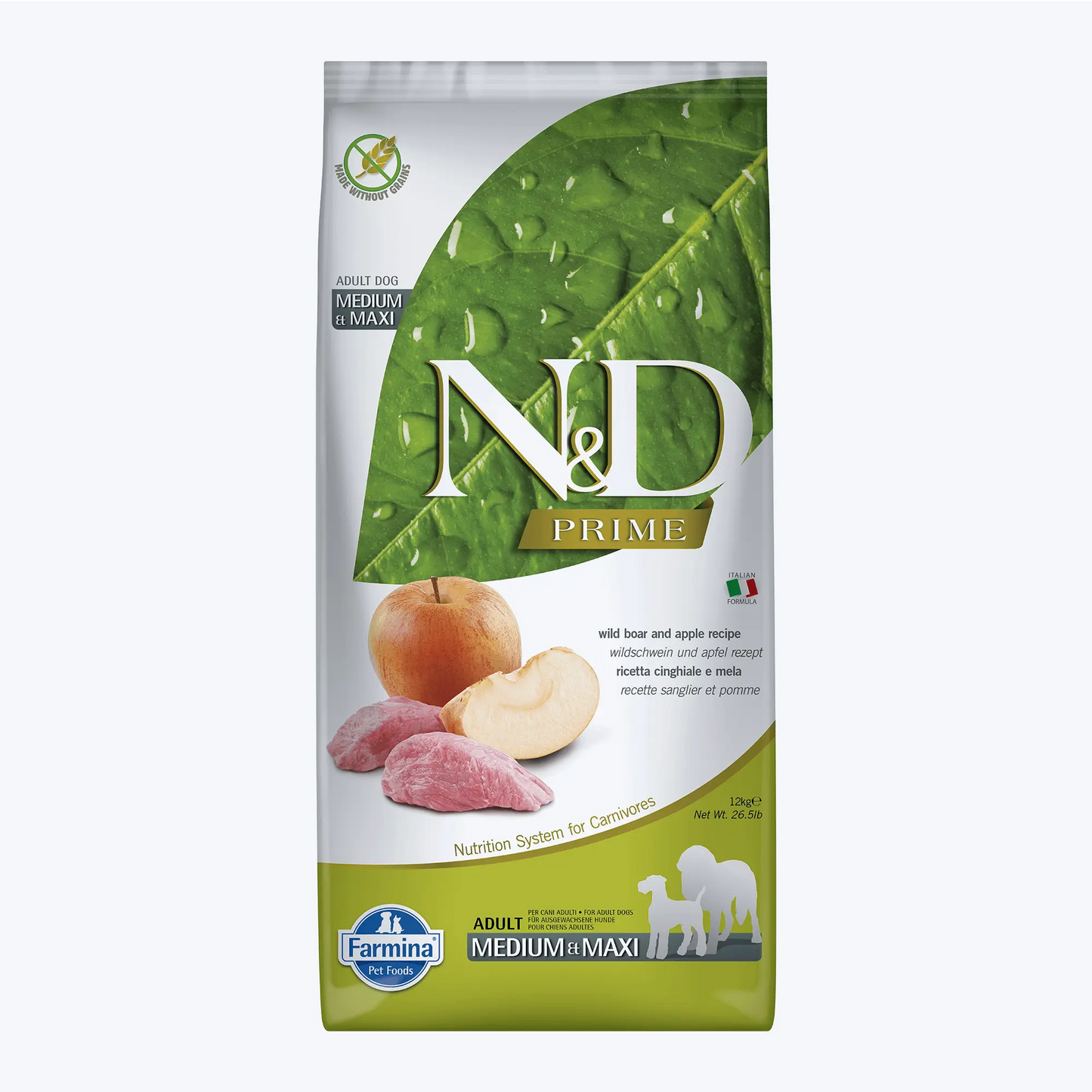 N&D Prime Yaban Domuzlu ve Elmalı Tahılsız Orta ve Büyük Irk Yetişkin Köpek Maması 12 Kg