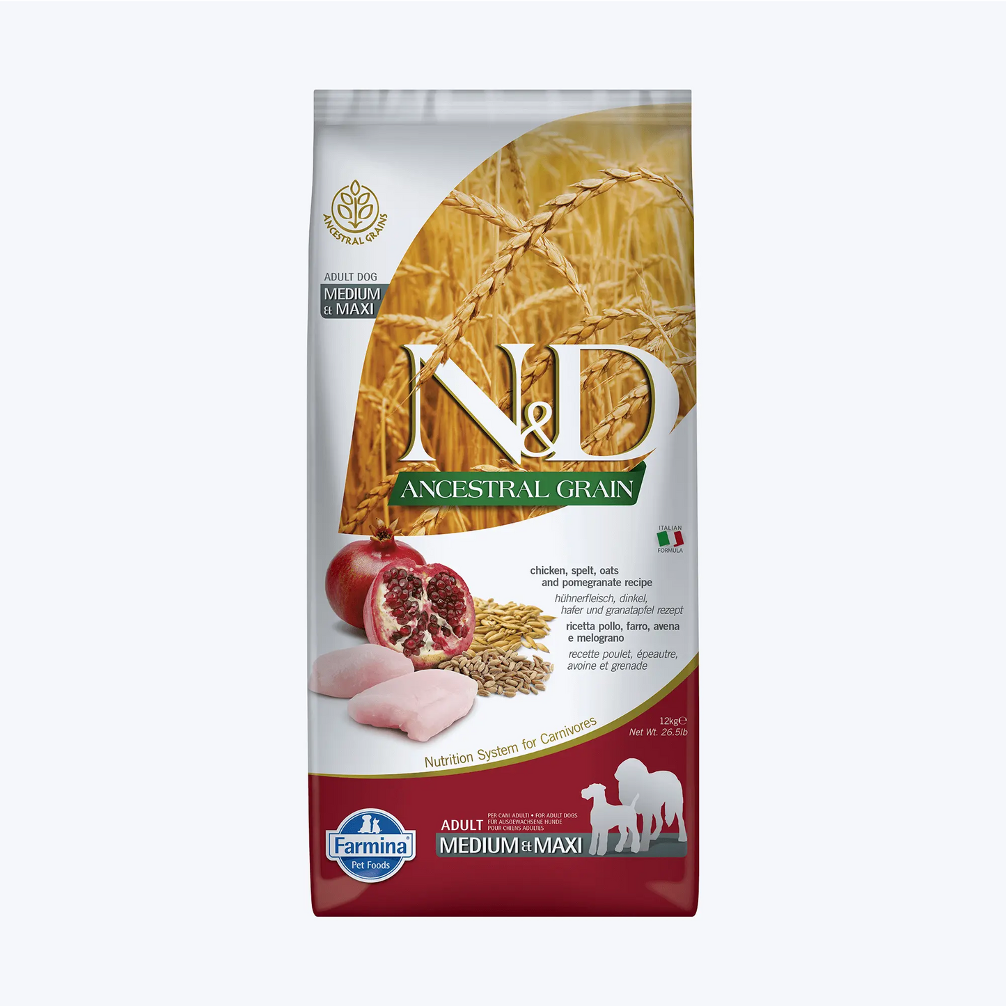N&D Ancestral Grain Adult Düşük Tahıllı Tavuklu ve Narlı Orta ve Büyük Irk Yetişkin Köpek Maması 12 Kg