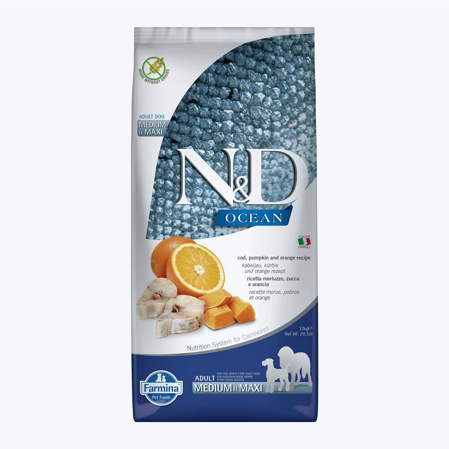 N&D Ocean Morina Balıklı Balkabaklı ve Portakallı Yetişkin Köpek Maması Medium Maxi 12 Kg
