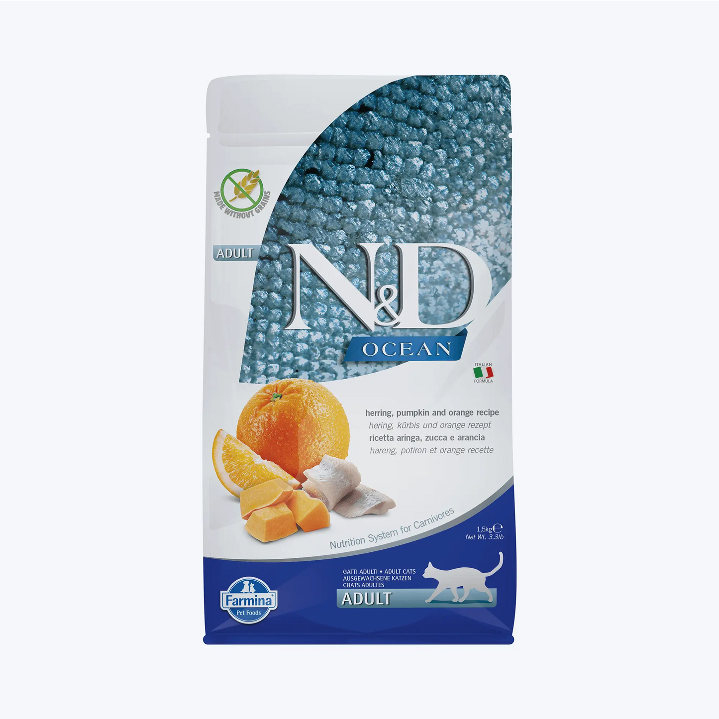 N&D Ocean Adult Tahılsız Ringa balıklı, Bal Kabaklı ve Portakallı Yetişkin Kedi Maması 1.5 Kg