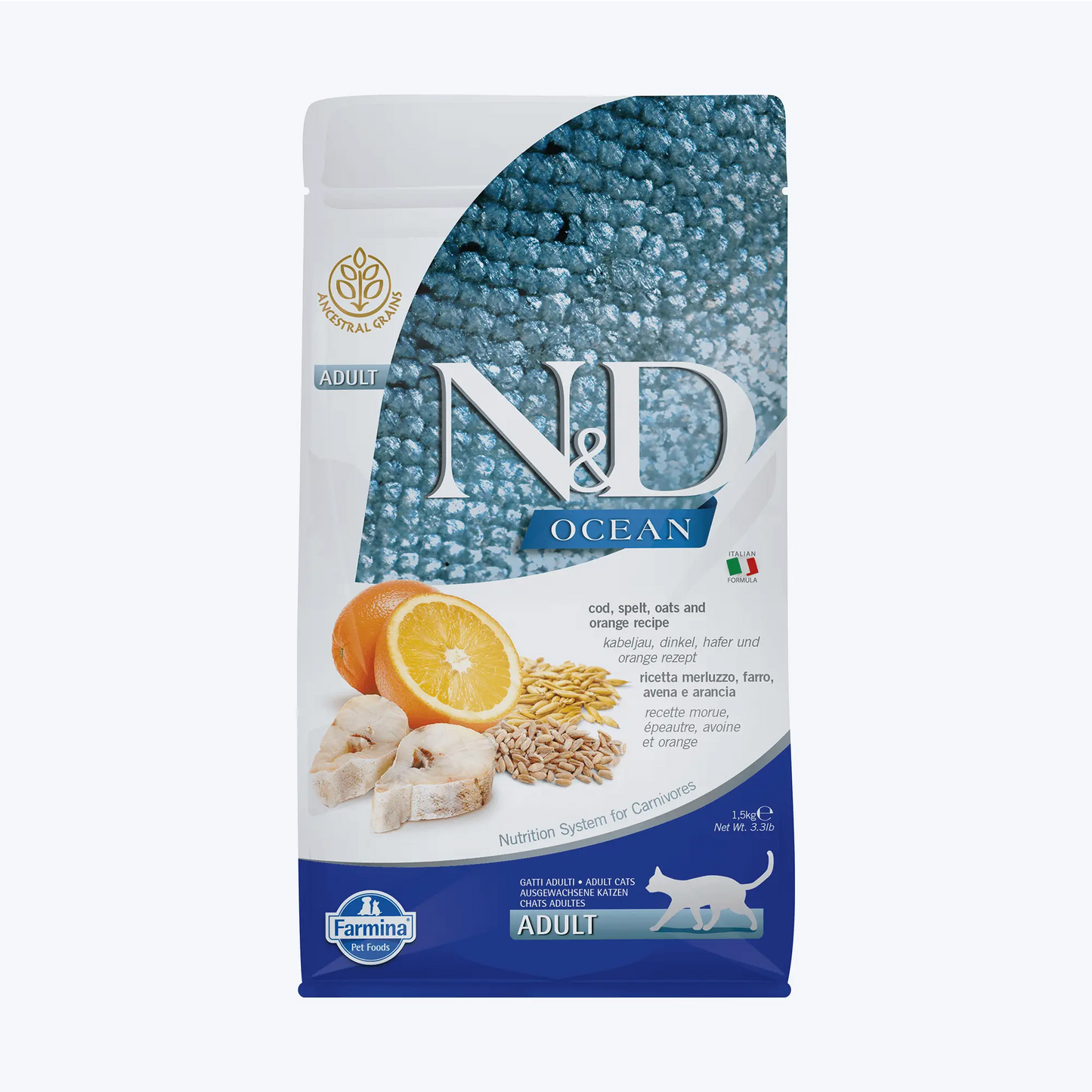 N&D Ocean Adult Düşük Tahıllı Morina Balıklı ve Portakallı Yetişkin Kedi Maması 1.5 Kg