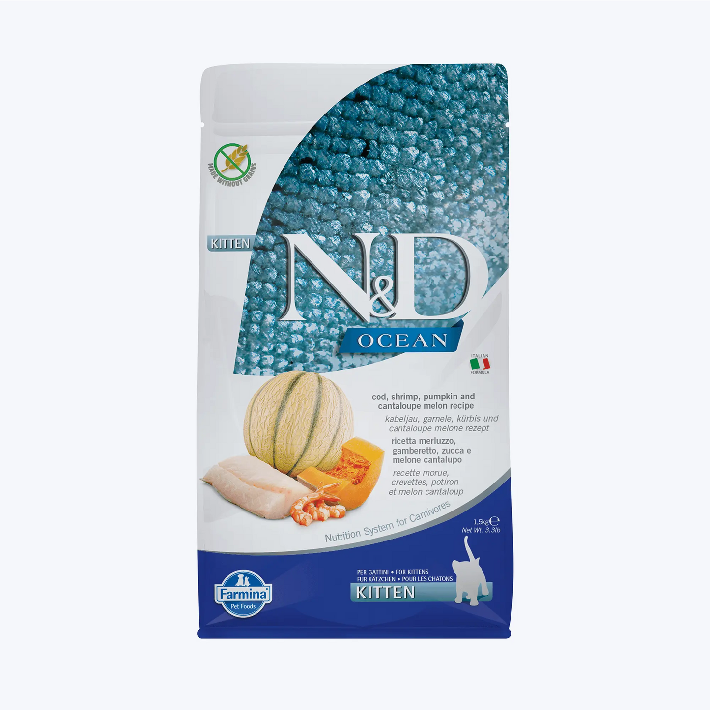 N&D Ocean Tahılsız Kitten Morina Balıklı, Bal Kabaklı, Karidesli ve Kavunlu Yavru Kedi Maması 1.5 Kg