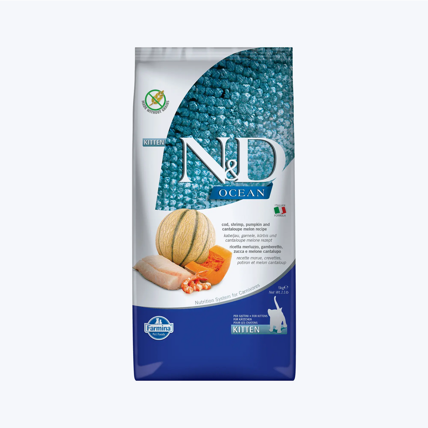 N&D Ocean Kitten Tahılsız Morina Balıklı, Bal Kabaklı, Karidesli ve Kavunlu Yavru Kedi Maması 5 Kg