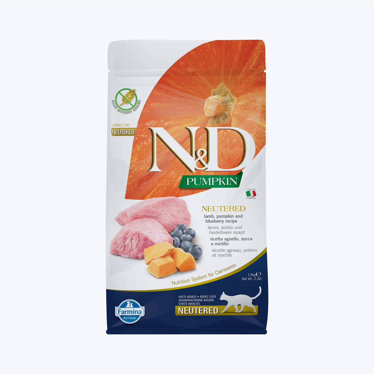 N&D Pumpkin Neutered Tahılsız Kuzu Etli Bal Kabaklı ve Yaban Mersinli Kısırlaştırılmış Kedi Maması 1.5 Kg