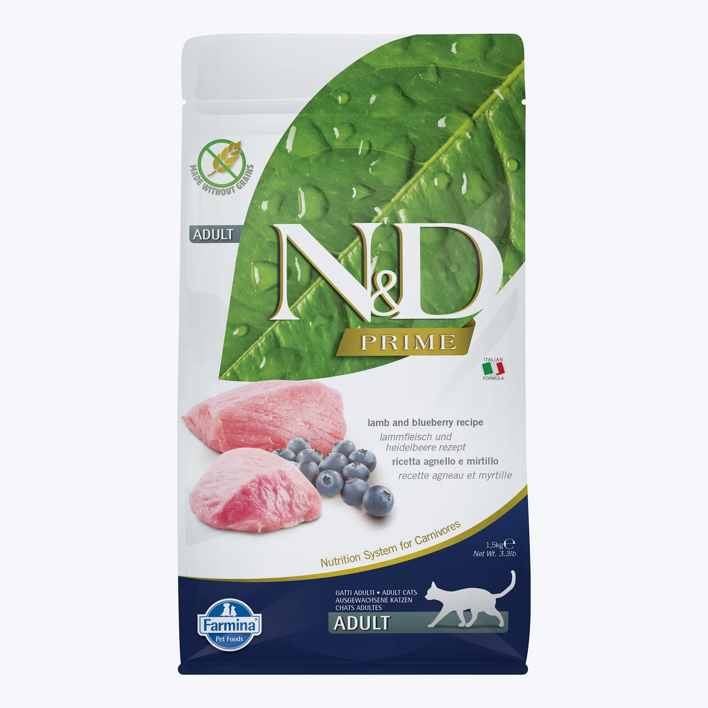 N&D Prime Adult Tahılsız Kuzu Etli ve Yaban Mersinli Yetişkin Kedi Maması 1.5 Kg