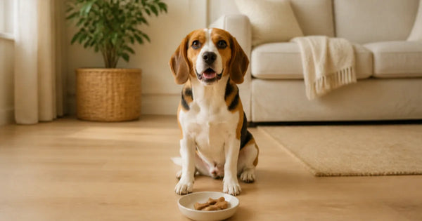 Aydınlık bir salonda oturan beagle köpek ve önündeki küçük kapta kemik biçiminde ödül mamaları