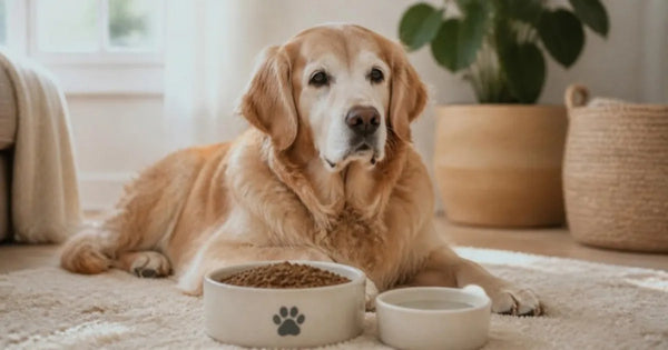 Krem halı üzerinde uzanan, ağzı kırlaşmış yaşlı golden retriever ve önünde mama kabı