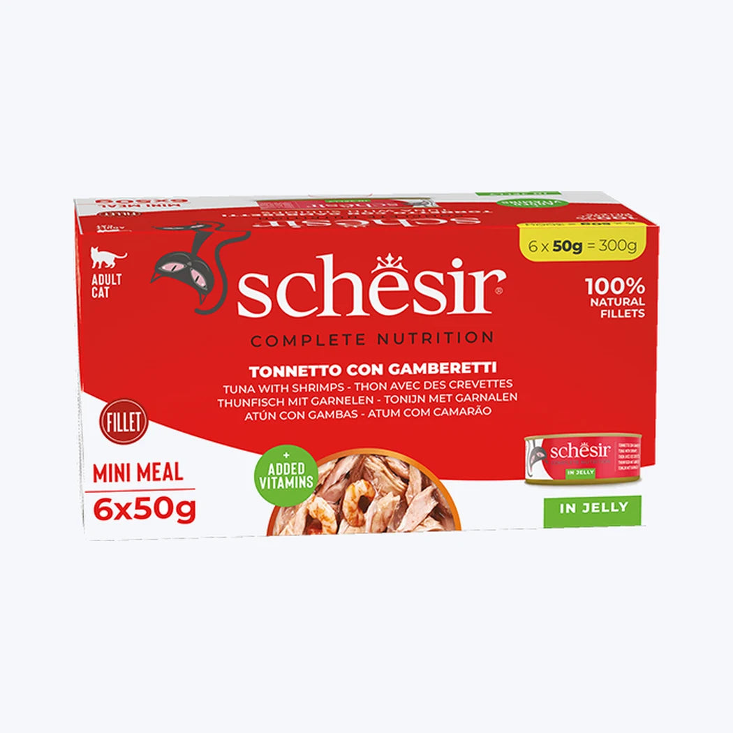 Schesir Jelly - Ton Balıklı ve Karidesli Yetişkin Kedi Konservesi Multipack 6x50 gr
