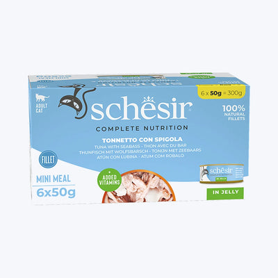 Schesir Jelly - Ton Balıklı ve Levrekli Yetişkin Kedi Konservesi Multipack 6x50 gr
