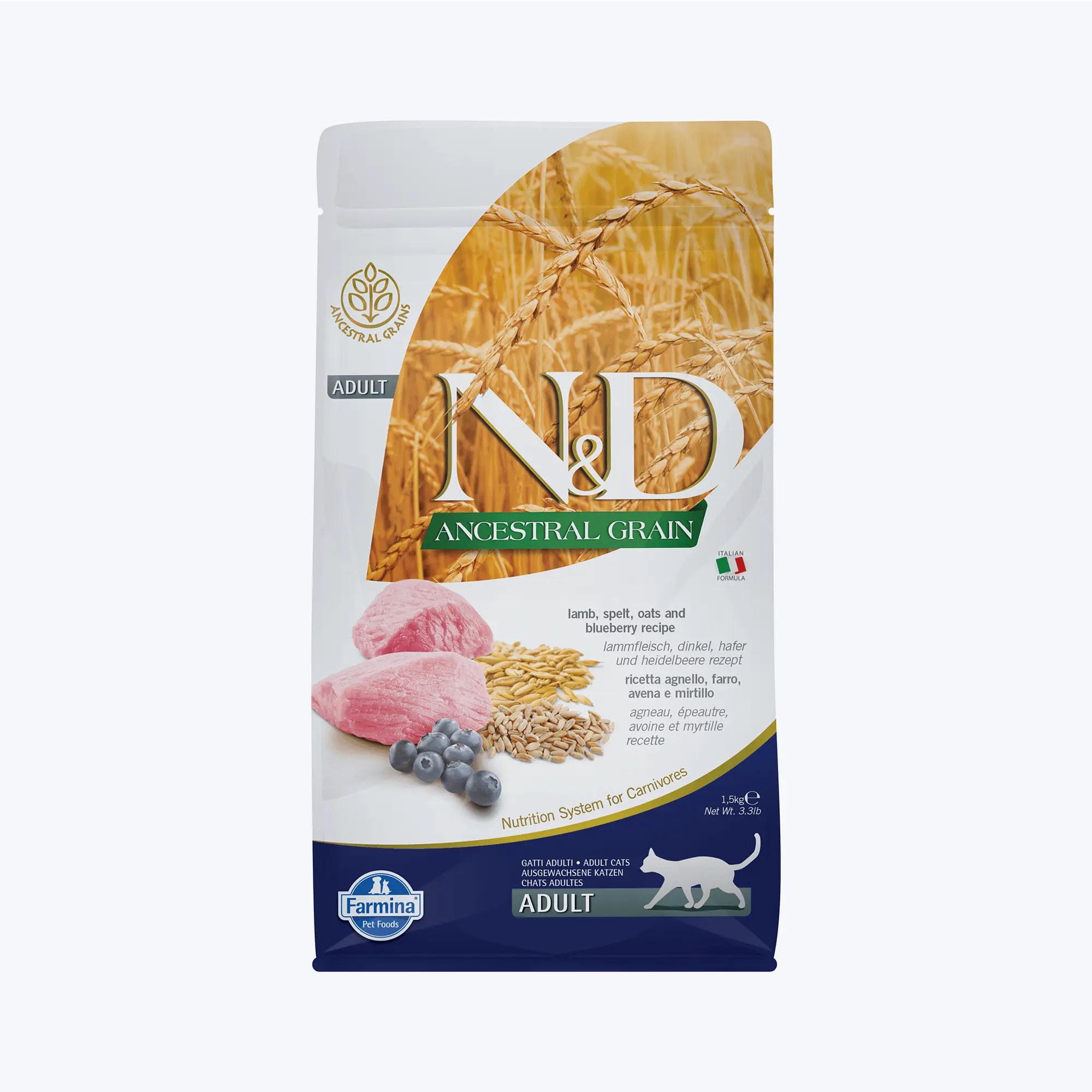 N&D Ancestral Grain Adult Düşük Tahıllı Kuzu Etli ve Yaban Mersinli Yetişkin Kedi Maması 1,5 Kg