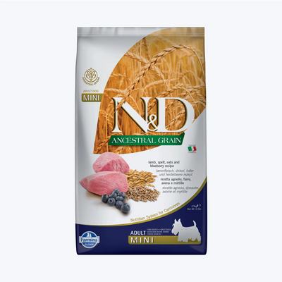 N&D Ancestral Grain Adult Düşük Tahıllı Kuzu Etli ve Yaban Mersinli Küçük Irk  Yetişkin Köpek Maması 2.5 Kg
