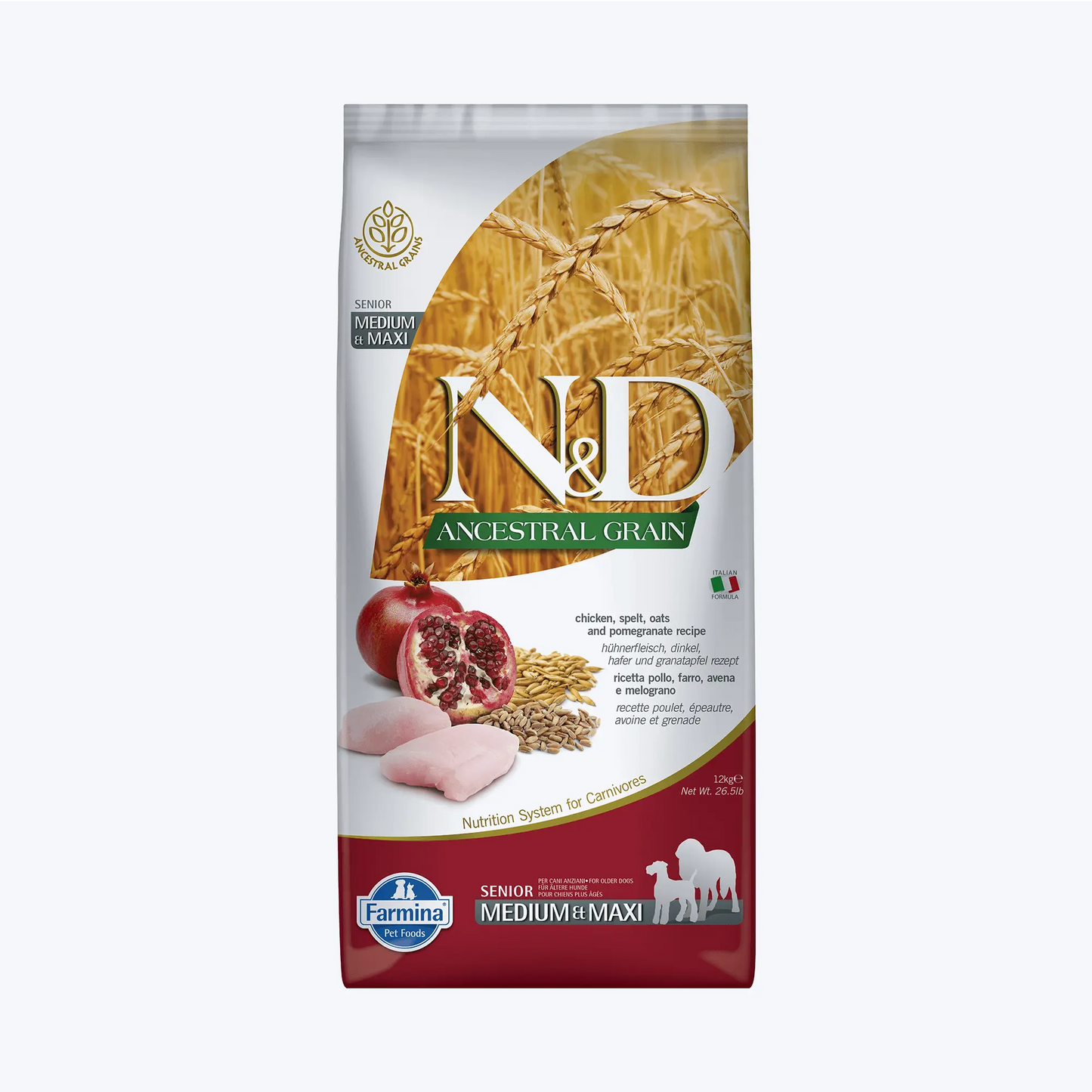 N&D Ancestral Grain Senior Düşük Tahıllı Tavuklu ve Narlı Orta ve Büyük Irk Yaşlı Köpek Maması 2.5 Kg