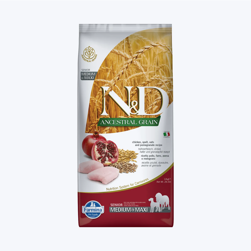 N&D Ancestral Grain Senior Düşük Tahıllı Tavuklu ve Narlı Orta ve Büyük Irk Yaşlı Köpek Maması