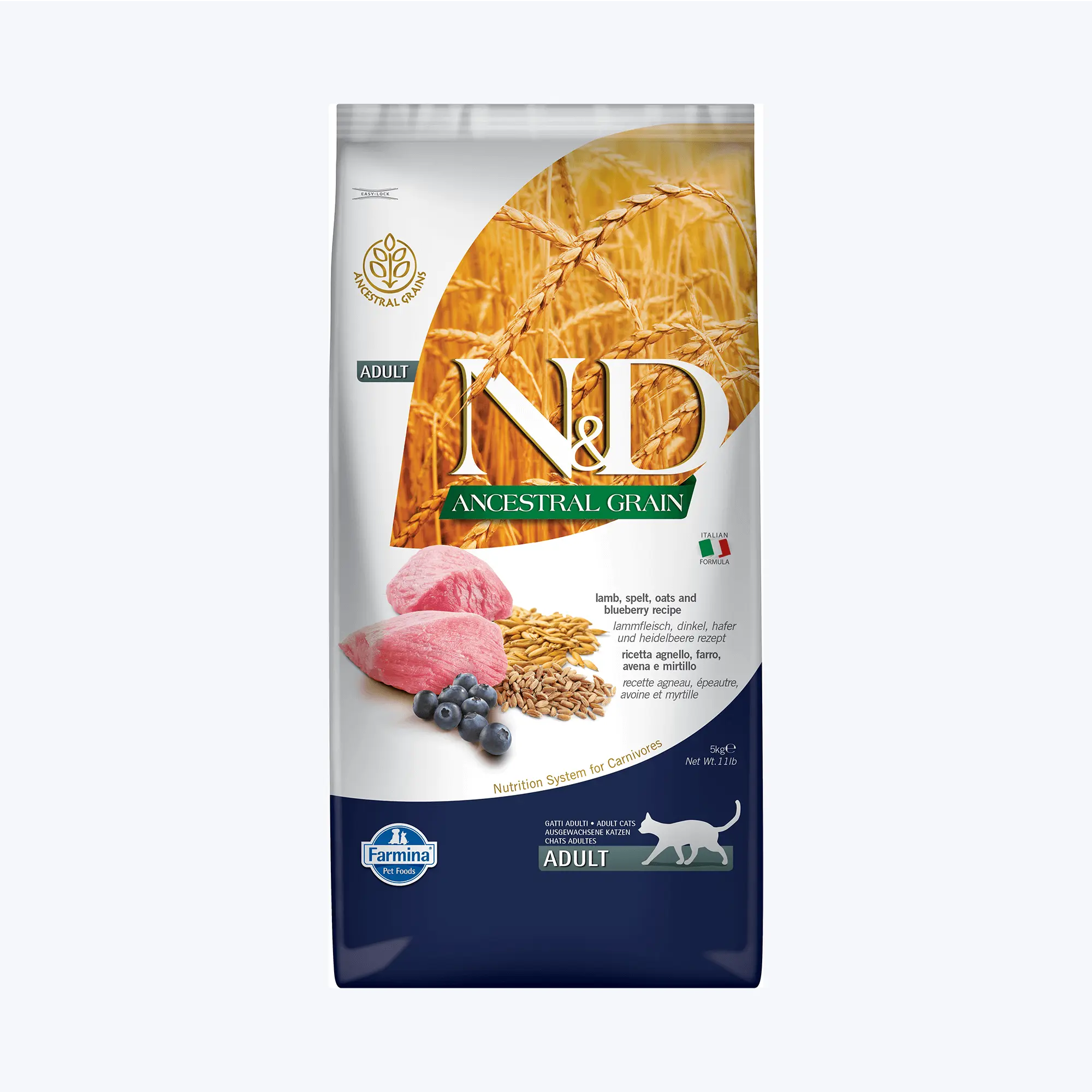 N&D Ancestral Grain Adult Düşük Tahıllı Kuzu Etli ve Yaban Mersinli Yetişkin Kedi Maması 5 Kg