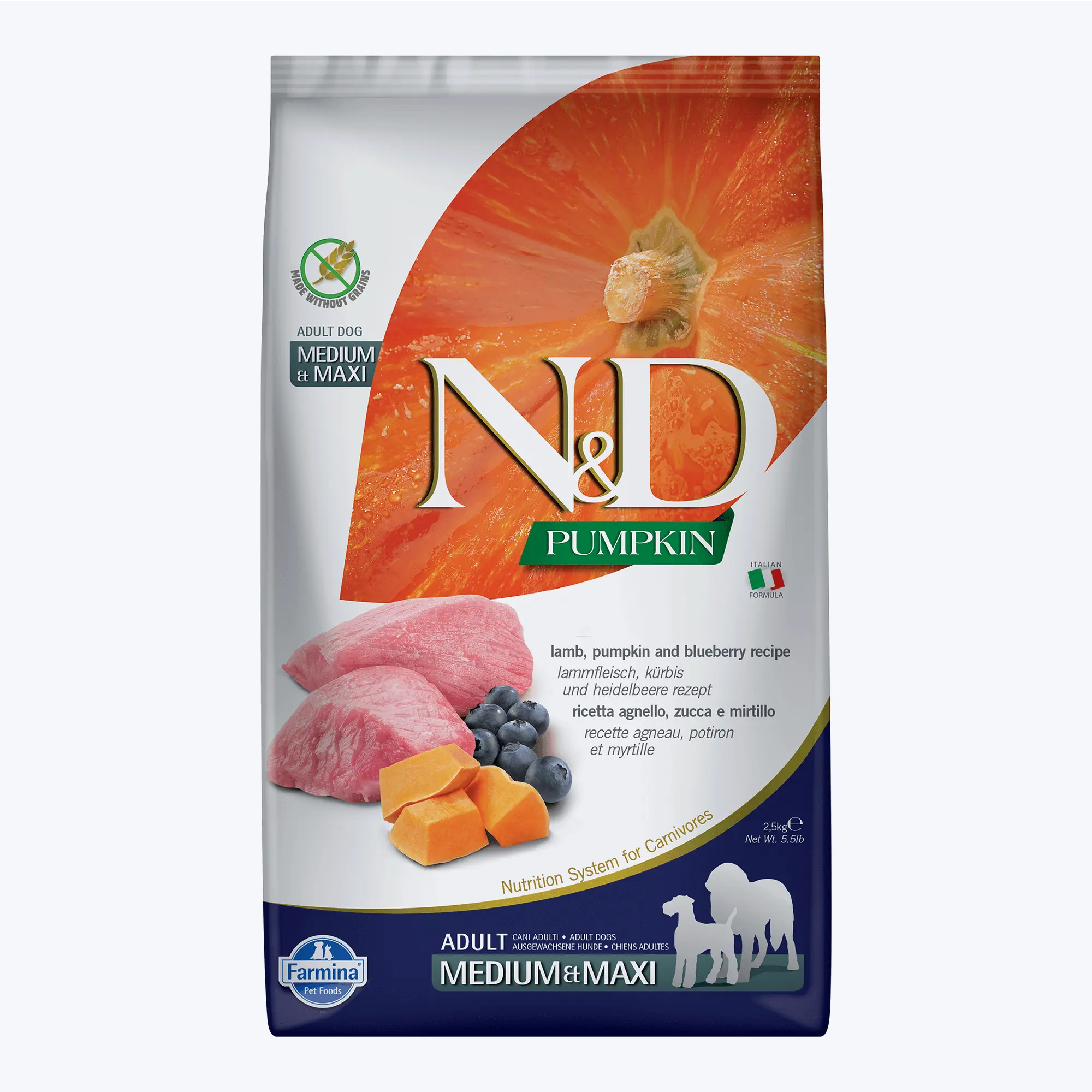 N&D Pumpkin Kuzulu, Yabanmersinli Tahılsız Medium Maxi Yetişkin Köpek Maması 2,5 Kg