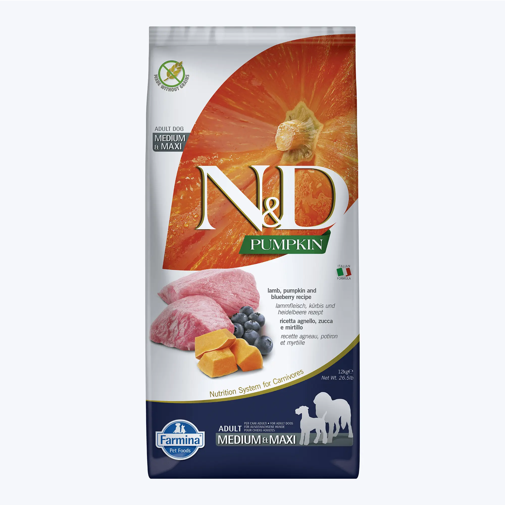 N&D Pumpkin Bal Kabaklı Kuzulu Yaban Mersinli Orta ve Büyük Irk Tahılsız Yetişkin Köpek Maması 12 Kg