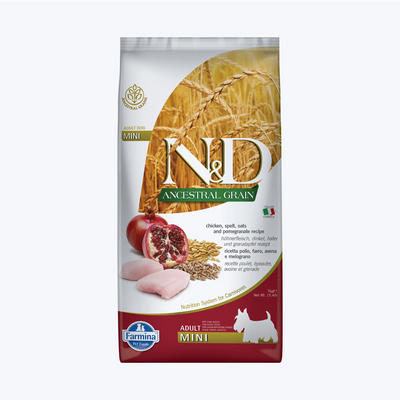 N&D Ancestral Grain Adult Düşük Tahıllı Tavuklu ve Narlı Küçük Irk Yetişkin Köpek Maması 2,5 Kg