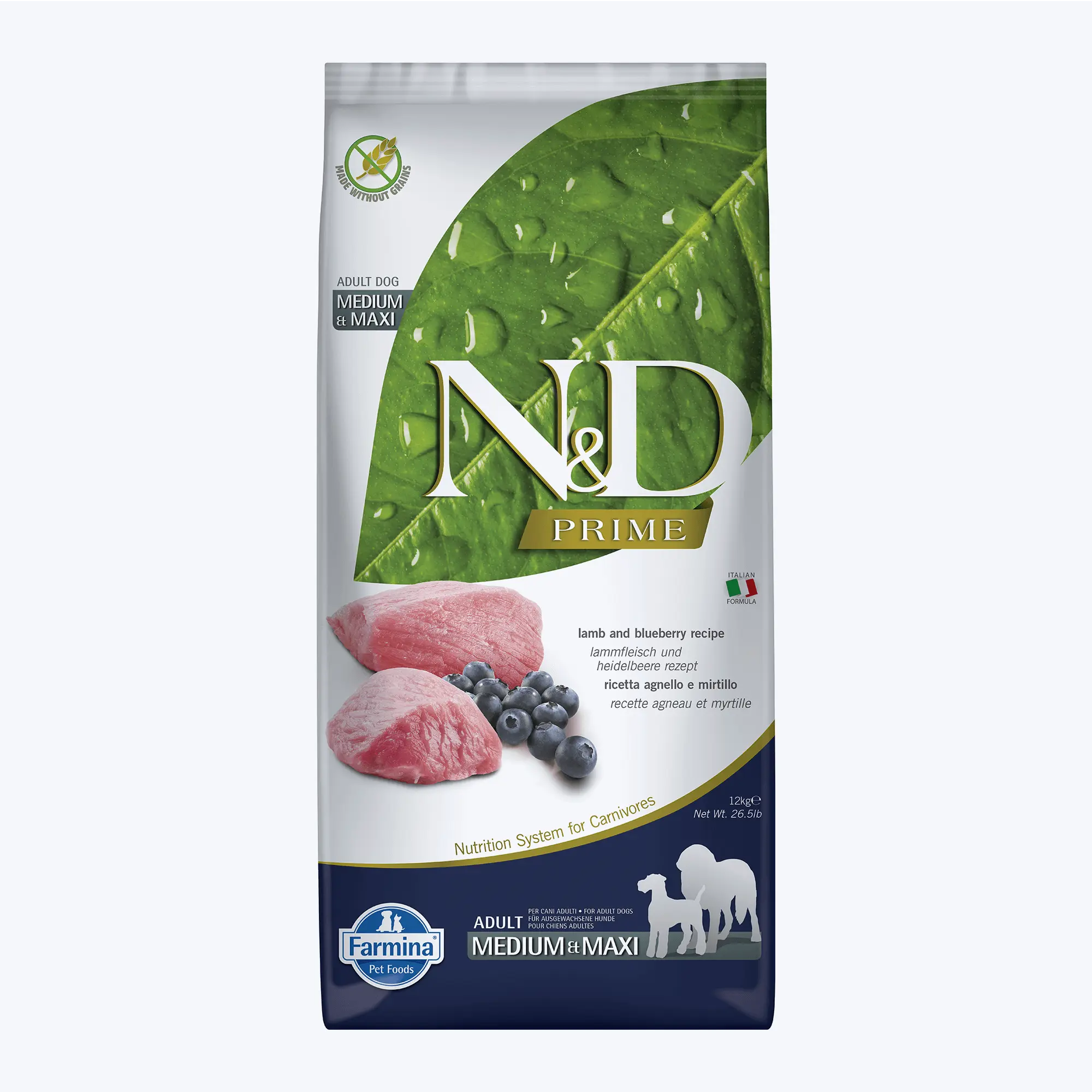 N&D Prime Kuzu Etli ve Yaban Mersinli Orta ve Büyük Tahılsız Yetişkin Köpek Maması 12 Kg