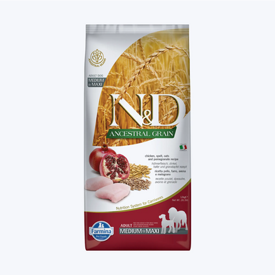 N&D Ancestral Grain Adult Düşük Tahıllı Tavuklu ve Narlı  Orta ve Büyük Irk Yetişkin Köpek Maması 2.5 Kg