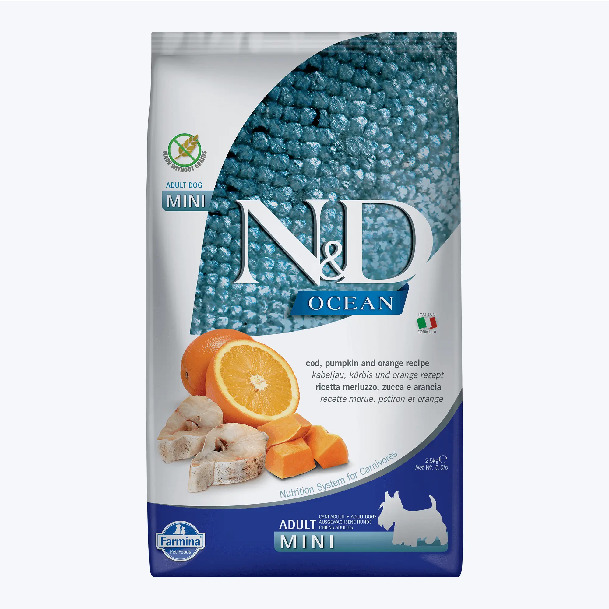 N&D Ocean Bal Kabaklı Morina Balıklı ve Portakallı Küçük Irk Tahılsız Yetişkin Köpek Maması 2,5 Kg