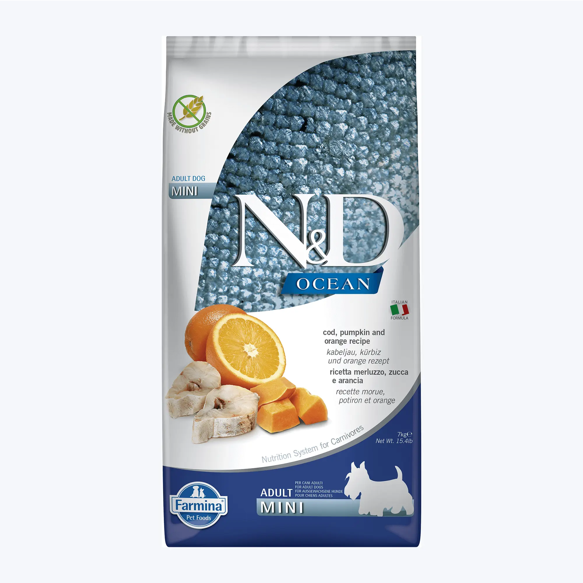 N&D Ocean Bal Kabaklı Morina Balıklı ve Portakallı Küçük Irk Tahılsız Yetişkin Köpek Maması 7 Kg