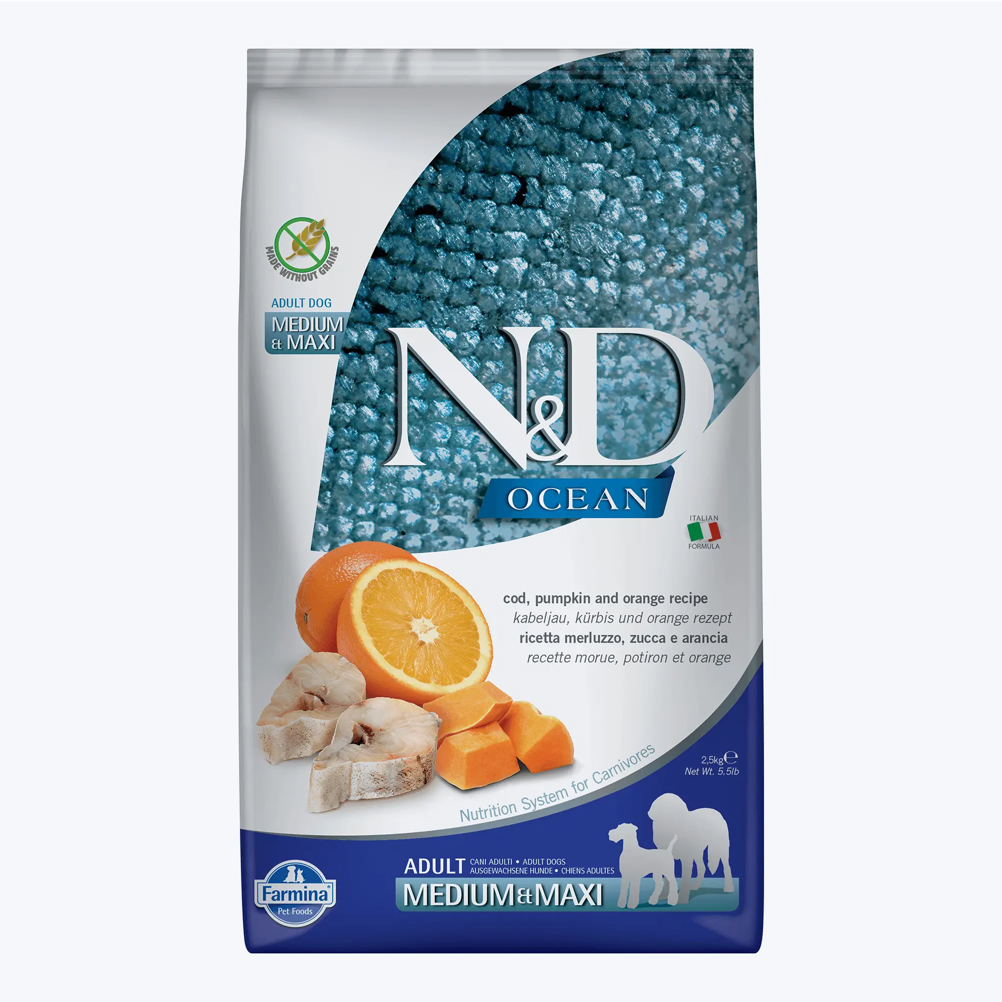 N&D Ocean Bal Kabaklı Balıklı ve Portakallı Orta ve Büyük Irk Tahılsız Yetişkin Köpek Maması 2,5 Kg