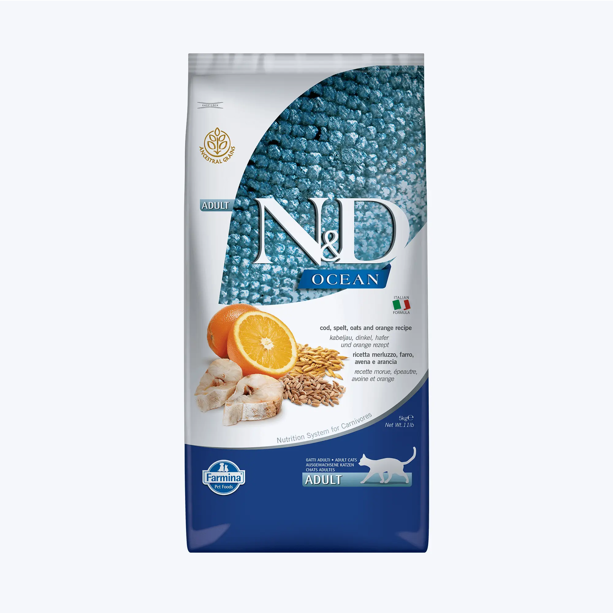 N&D Ocean Adult Düşük Tahıllı Morina Balıklı ve Portakallı Yetişkin Kedi Maması 5 Kg