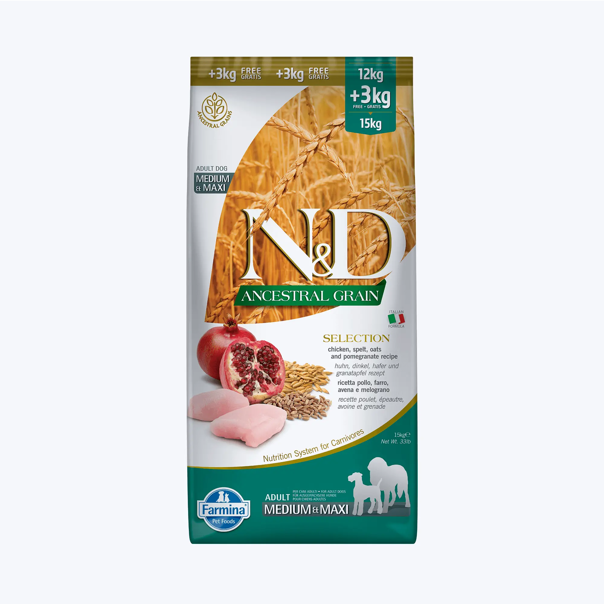 N&D Ancestral Grain Selection Düşük Tahıllı Tavuk ve Narlı Orta ve Büyük Irk Yetşkin Köpek Maması 15 Kg
