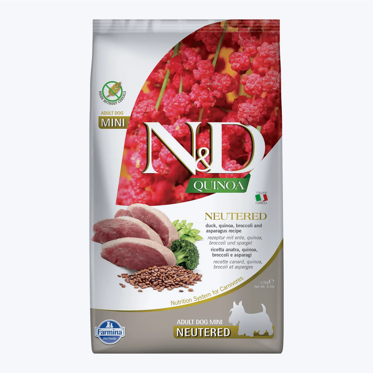 N&D Quinoa Tahılsız Ördekli, Brokoli ve Kuşkonmazlı Kısırlaştırılmış Yetişkin Köpek Maması 2,5 Kg
