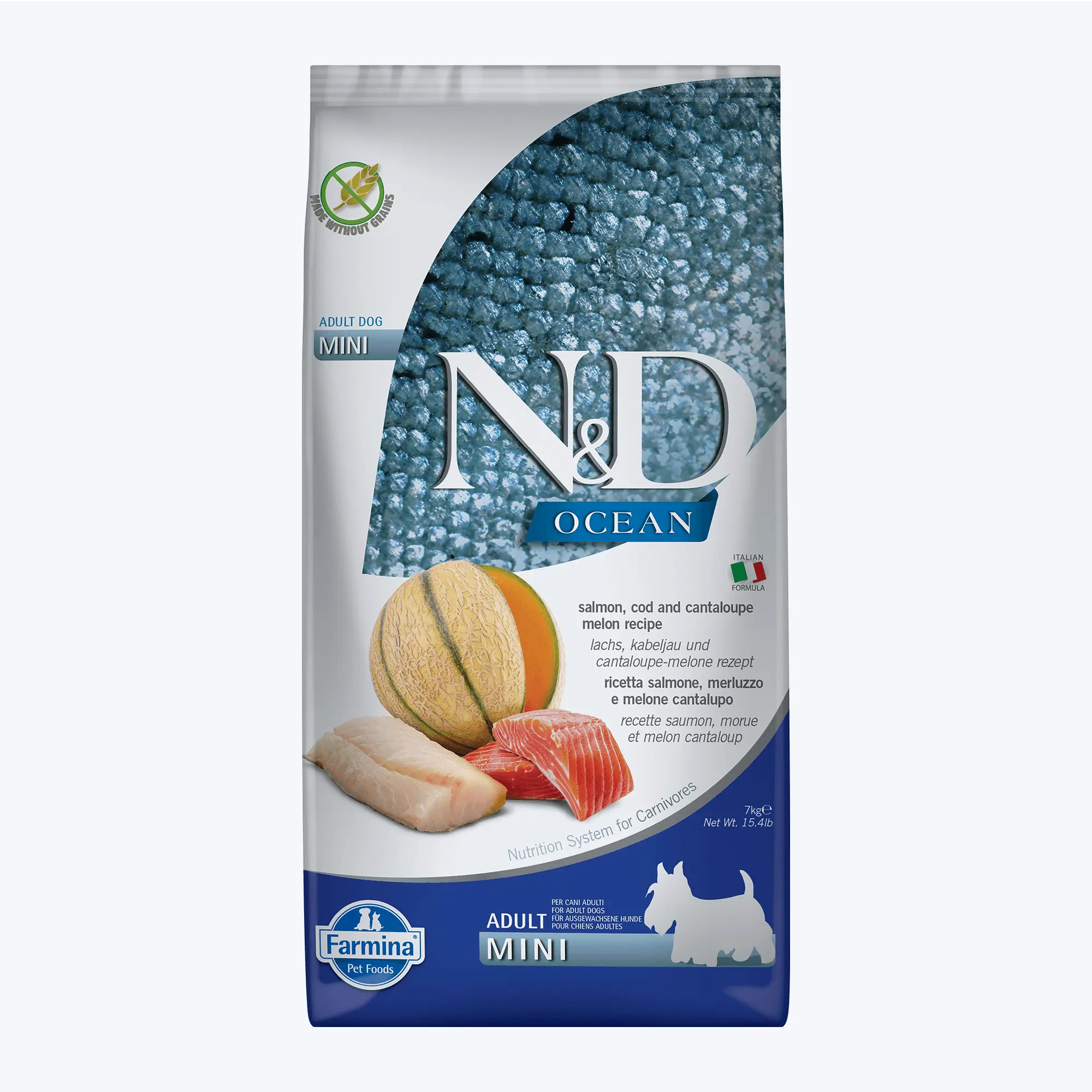 N&D Ocean Somonlu Morina Balıklı ve Kavunlu Tahılsız Mini Irk Yetişkin Köpek Maması 7 Kg