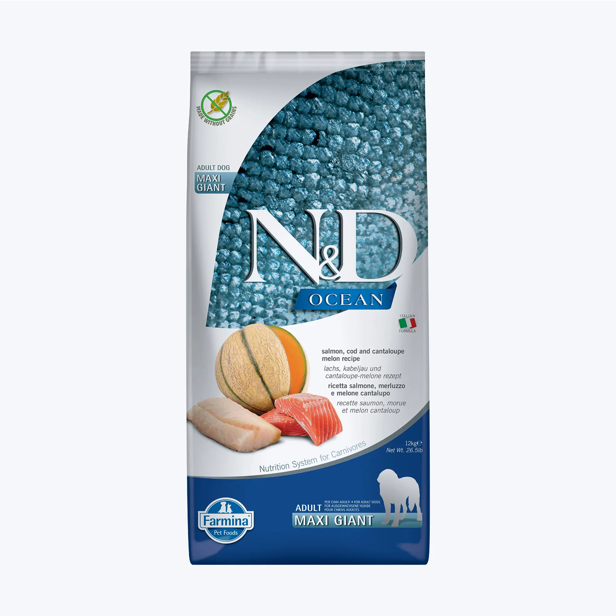 N&D Ocean Somonlu, Morina Balıklı ve Kavunlu Tahılsız Dev Irk Yetişkin Köpek Maması 12 Kg