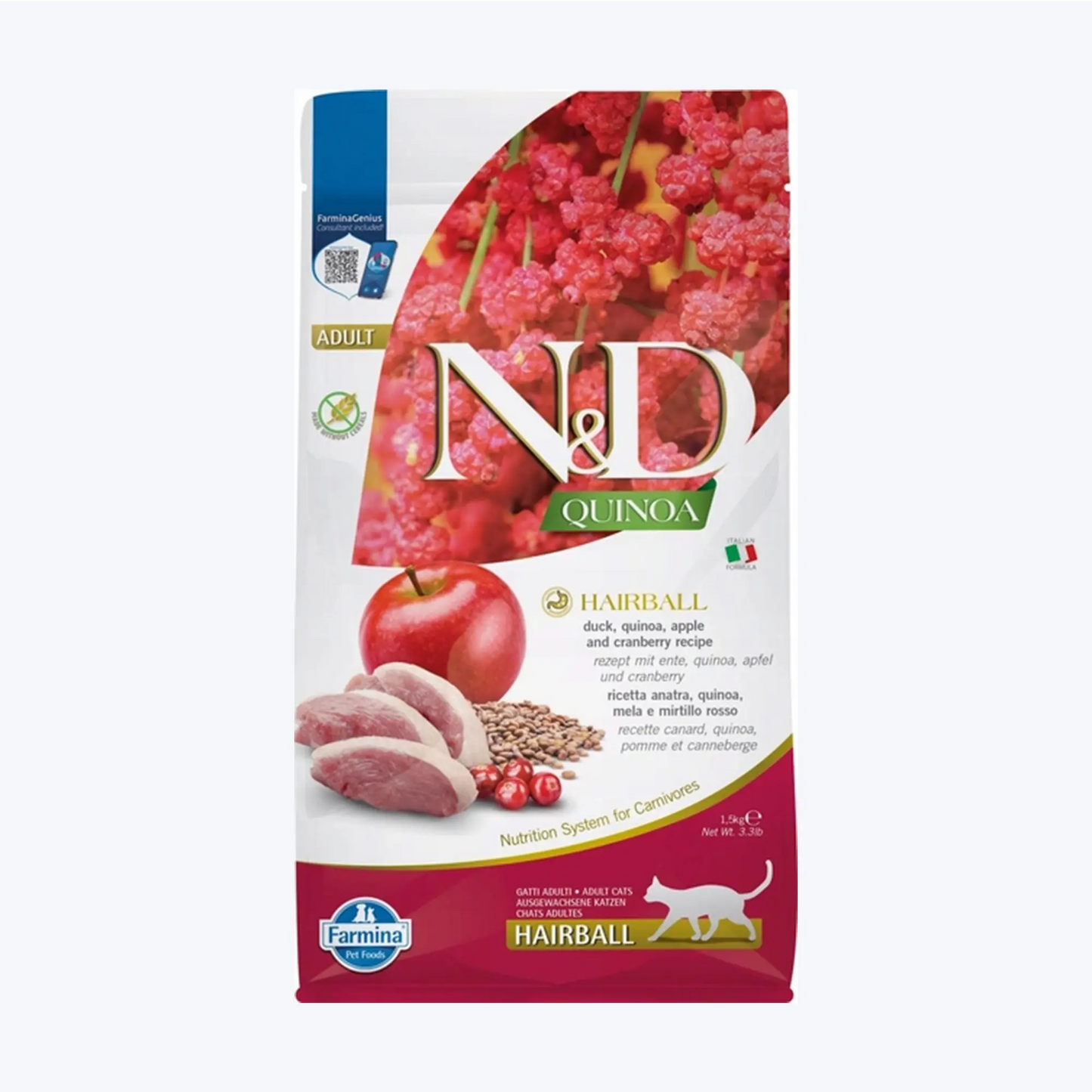 N&D Quinoa Tüy Yumağı Önleyici Ördekli, Elmalı ve Kızılcıklı Tahılsız Yetişkin Kedi Maması 1,5 Kg