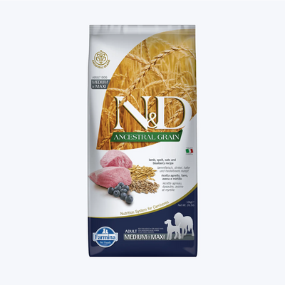 N&D Ancestral Grain Adult Düşük Tahıllı Kuzu Etli ve Yaban Mersinli Orta ve Büyük Irk Yetişkin Köpek Maması 12 Kg