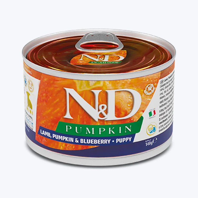 N&D Pumpkin Tahılsız Kuzulu Bal Kabaklı ve Yaban Mersinli Küçük Irk Yavru Köpek Konservesi