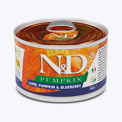 N&D Pumpkin Tahılsız Kuzulu Bal Kabaklı ve Yaban Mersinli Küçük Irk Yetişkin Köpek Konservesi