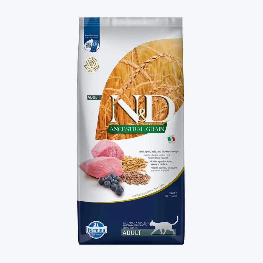 N&D Ancestral Grain Adult Düşük Tahıllı Kuzu Etli ve Yaban Mersinli Yetişkin Kedi Maması 10 Kg