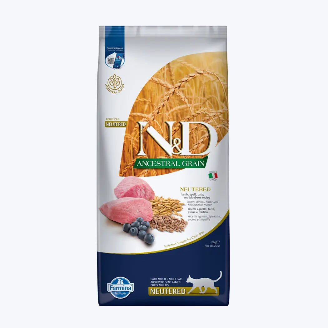 N&D Ancestral Grain Neutered Düşük Tahıllı Kuzu Etli ve Yaban Mersinli Kısırlaştırılmış Kedi Maması 10 Kg